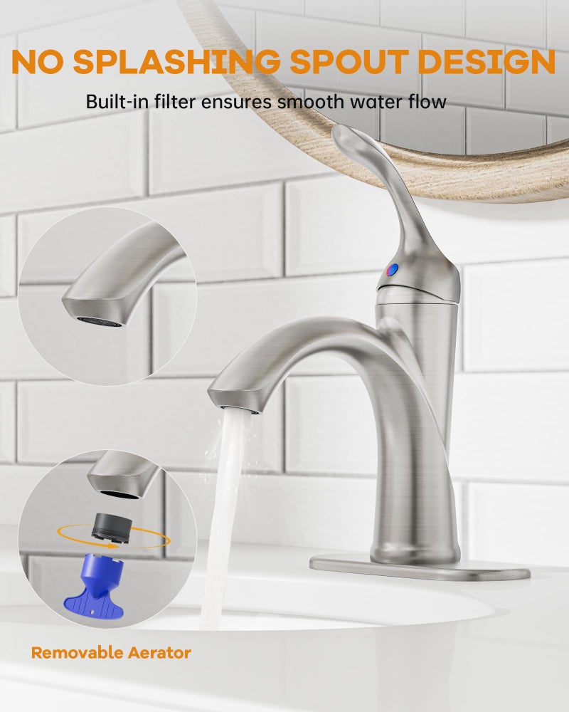 BATHLAVISH Bathroom Sink Faucet Brushed Nickel Single Handle One Hole Vanity Satin Sink with Pop Up Drain Assembly Bath with Overflow Stream Basin Mixer Tap Lavatory Commercial Supply Line - Image 5
